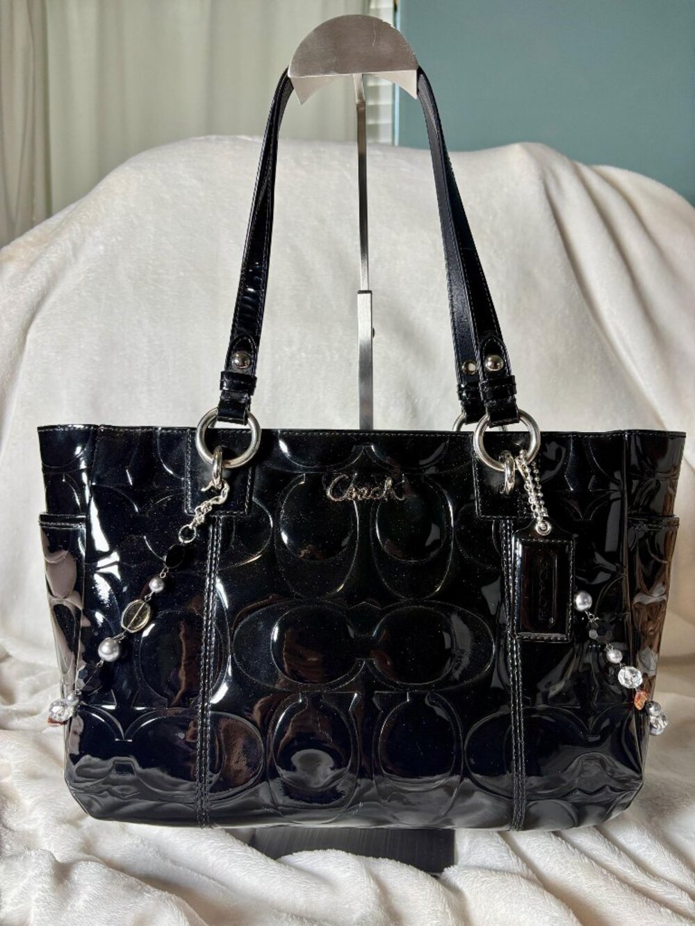 Coach East West Tote in Black Patent Leather, Embossed Signature C's and Chain